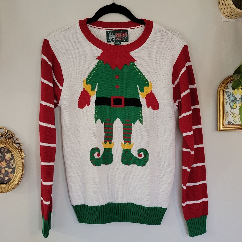 Ugly Christmas sweater elf red and green knit candy cane